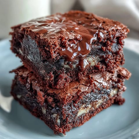Close-up of rich chocolate brownies featuring a gooey peanut butter swirl topping.
