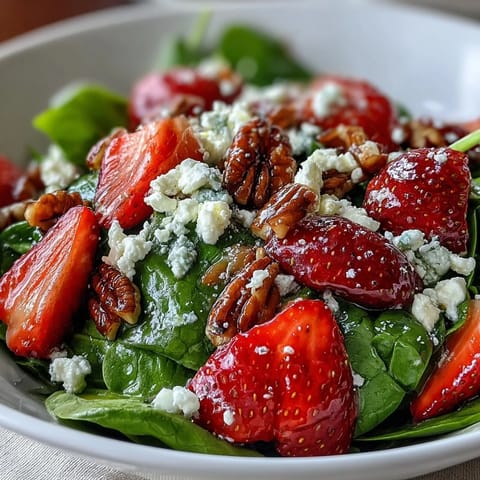 Fresh strawberry spinach salad with poppy seed dressing, vibrant and colorful, topped with feta and toasted pecans.