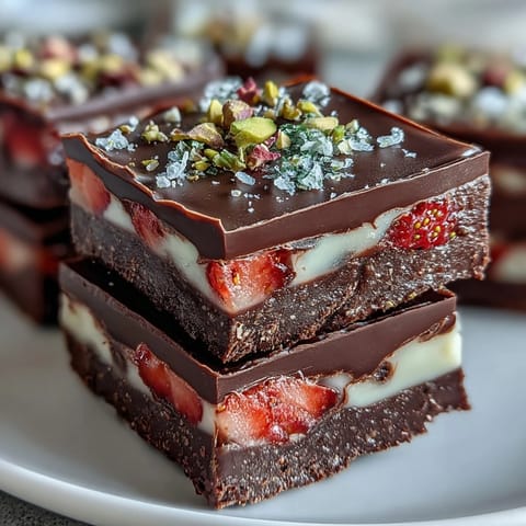 1. A stunning no-bake chocolate bark featuring marbled dark and white chocolate, topped with fresh strawberries, pistachios, and rose petals.