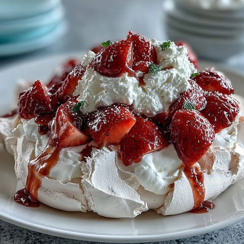 A beautiful strawberry pavlova with a crisp meringue shell, topped with whipped cream and fresh berries, perfect for summer gatherings.