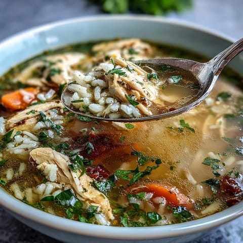 A steaming bowl of Easy Chicken Run One-Pot Chicken and Rice Soup with tender chicken and vegetables in a savory broth.