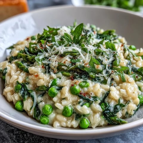 Creamy Spring Pea and Mint Risotto with Parmesan, fresh peas and mint in a rich, savory Italian rice dish.