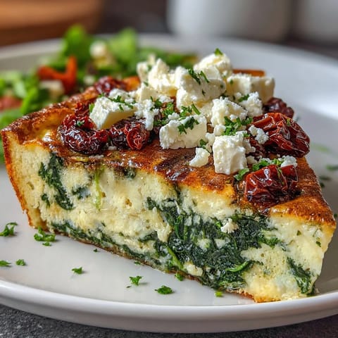 Slices of savory frittata packed with fresh spinach, tangy feta, and sweet sun-dried tomatoes, ready to serve.  