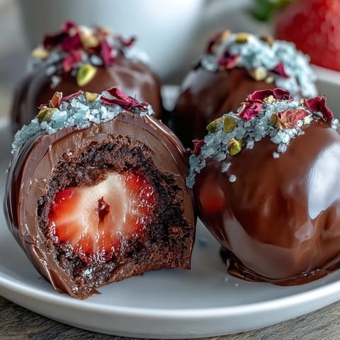 Dubai-Style Strawberry Truffles with Dark Chocolate Shell, elegantly dusted with pistachios and rose petals, ready to impress at any gathering.