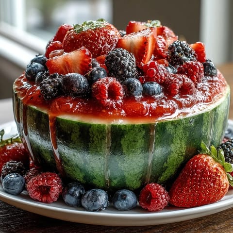 Vibrant watermelon carving overflowing with fresh berries and mint, a refreshing centerpiece for summer gatherings.