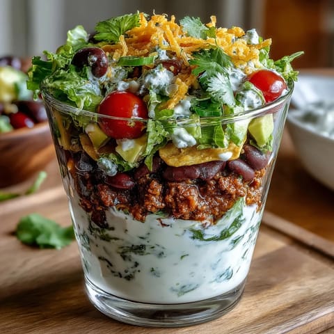 Individual Easy Taco Dip Cups feature festive layers of taco-seasoned sour cream, lettuce, tomatoes, olives, and cheese—perfect for Cinco de Mayo.