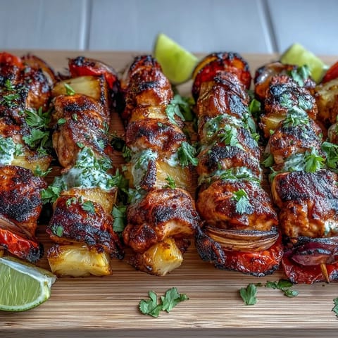 Grilled Pineapple Chicken Skewers with juicy chicken and sweet caramelized pineapple on skewers, perfect for summer barbecues and tropical flavor lovers.