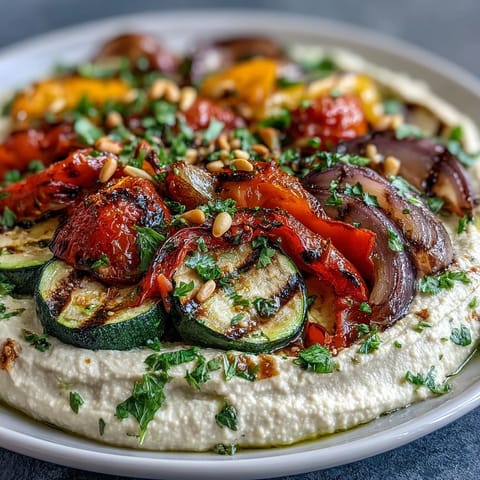Grilled Veggie Platter with Hummus: colorful, smoky vegetables arranged around creamy, garlicky hummus for a healthy, vibrant summer appetizer.