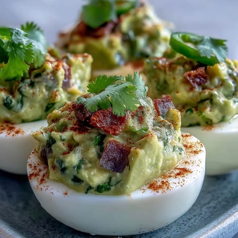 Guacamole Stuffed Deviled Eggs with creamy avocado filling, garnished with smoked paprika and fresh cilantro.