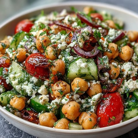 Cold Chickpea Salad with Lemon Herbs: a vibrant, colorful bowl of fresh vegetables, herbs, and creamy chickpeas in a zesty lemon dressing.