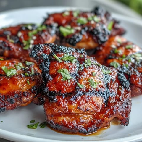 Honey Sriracha Grilled Chicken Thighs sizzling on the grill with a glossy, caramelized glaze and fresh cilantro garnish.  