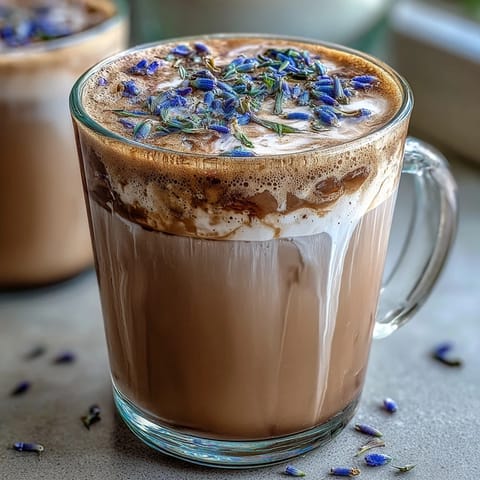 A creamy oat milk latte infused with fragrant lavender, perfect for a soothing vegan coffee break.