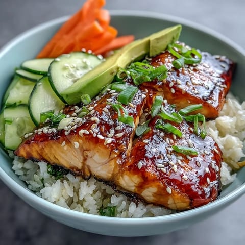 Quick teriyaki salmon bowl with glazed salmon, jasmine rice, fresh veggies, and sesame seeds.