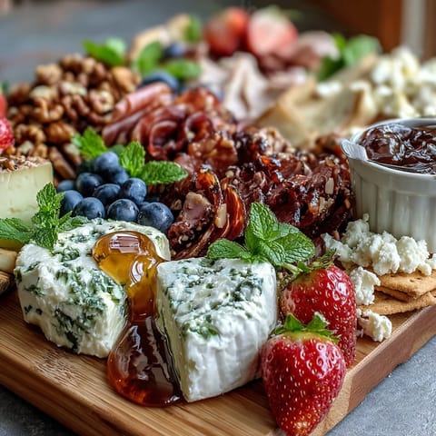 An inviting springtime charcuterie board piled high with colorful fruits and cheeses.