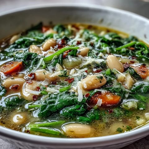 A steaming bowl of Tuscan white bean and spinach soup with vibrant greens and tender vegetables.