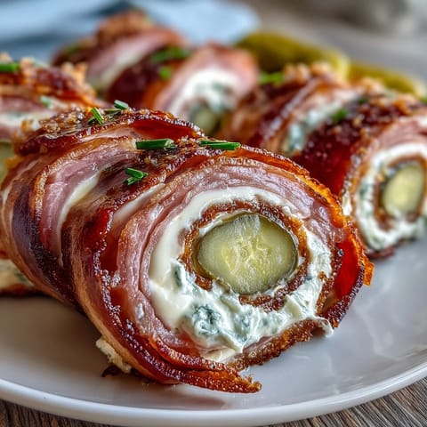 Savory ham, cream cheese, and pickle pinwheels are rolled tight for a tangy, creamy bite-sized appetizer.