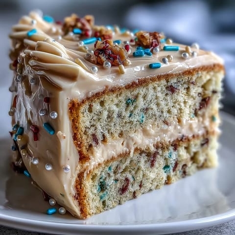 Decadent Class of 2026 Confetti Cake, generously frosted with champagne buttercream.