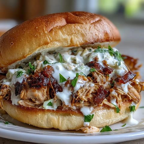 Tender, slow-smoked pulled chicken nestled in toasted buns, topped with zesty Alabama white BBQ sauce.