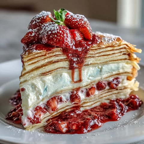 Elegant Mother's Day Crêpe Cake bursting with strawberry mascarpone cream.