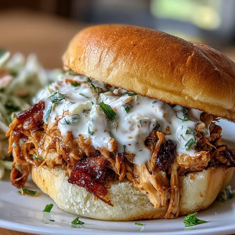 Juicy smoked pulled chicken sandwiches piled high on soft buns, drizzled with creamy white BBQ sauce.