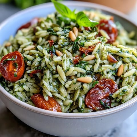 Cold pesto orzo salad with cherry tomatoes, fresh mozzarella, and fragrant basil pesto in a serving bowl.
