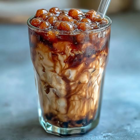 Close-up of Brown Sugar Boba Milk Tea with swirled syrup and chewy pearls.