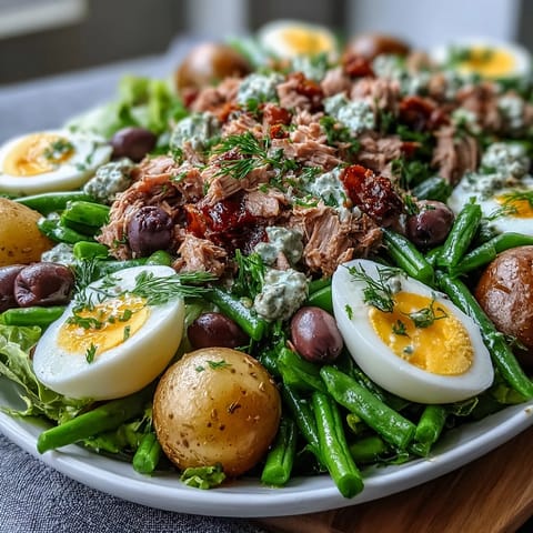 Vibrant Spring Niçoise Salad with tuna, eggs, and fresh veggies glistening with dressing.