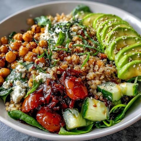Colorful Ancient Grains Bowl with tender farro and quinoa, plus creamy avocado.