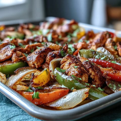 Juicy Sheet Pan Chicken Fajitas, tender chicken and crisp peppers roasted to perfection.