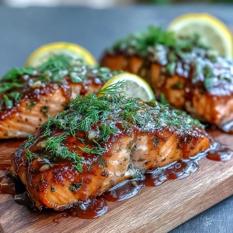 Juicy cedar plank salmon with sweet, smoky maple Dijon glaze, grilled to perfection.
