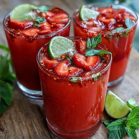 Cool, non-alcoholic Strawberry Chili Limeade Mocktail, perfect for a summer afternoon.