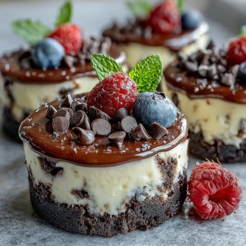 Decadent mini cheesecake bites with rich Oreo crust and fresh berries.