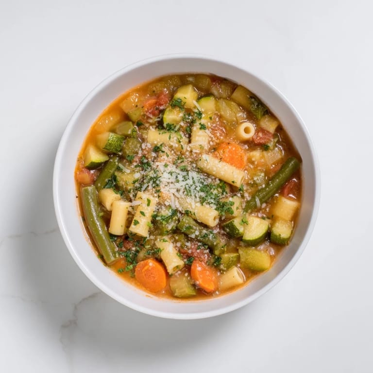 A vibrant bowl of fresh vegetables and pasta in a comforting One-Pot Minestrone Soup recipe.