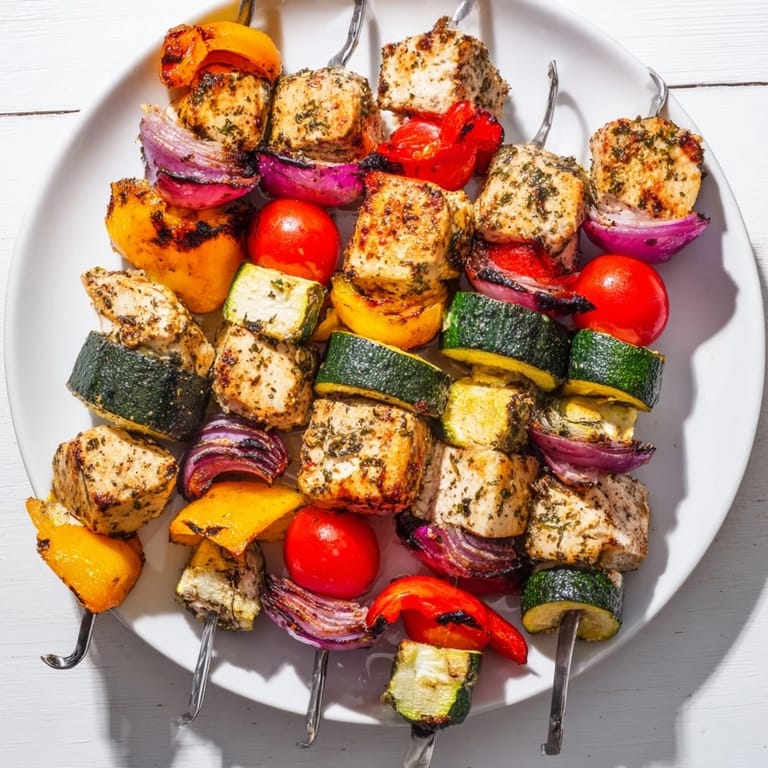 Colorful Chicken and Veggie Skewers, boasting a flavorful marinade, ready to serve on a plate.