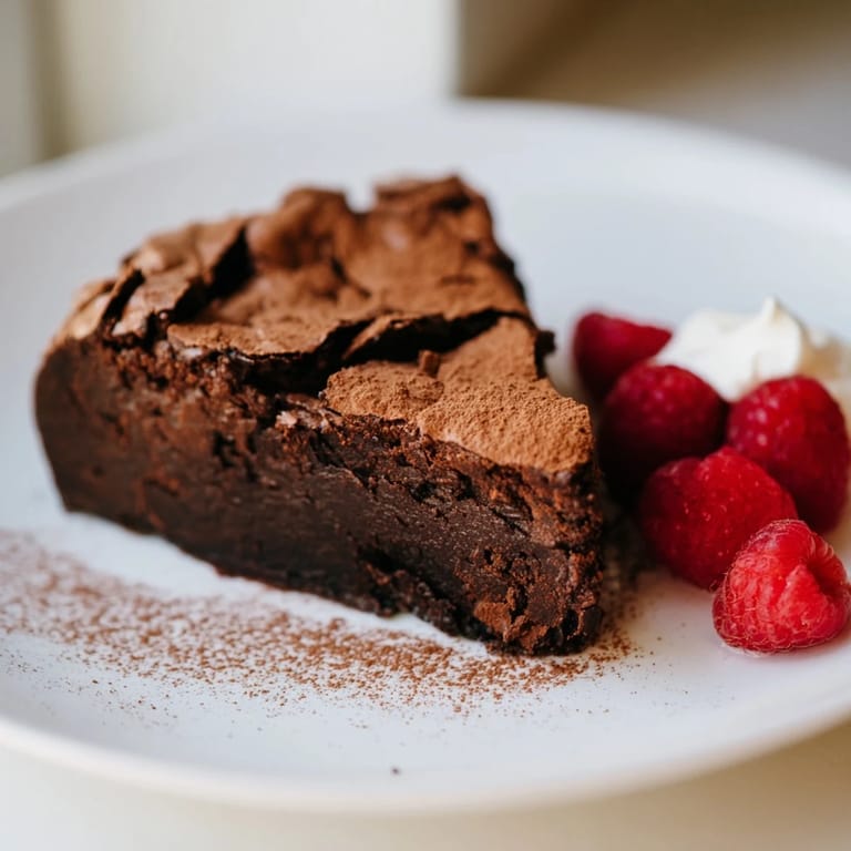 Homemade decadent flourless chocolate cake appears incredibly moist, a delightful gluten-free dessert option.