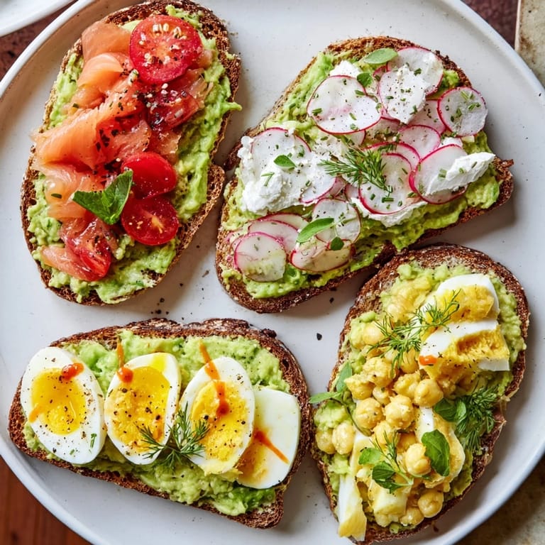 This photo presents four creative avocado toast recipes with varied toppings for a quick, colorful lunch.