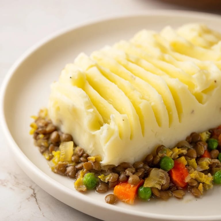 Golden Hearty Lentil Shepherd's Pie with a delicious mashed potato crust, perfect for a cozy dinner.