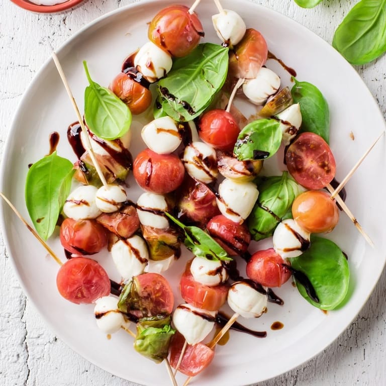 Delectable Fresh Caprese Salad Skewers feature colorful tomatoes and basil, perfect as party snacks.