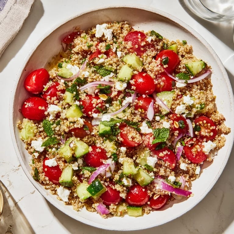 Fluffy quinoa combined with fresh vegetables, highlighted in this Make-Ahead Quinoa Salad’s beautiful image.