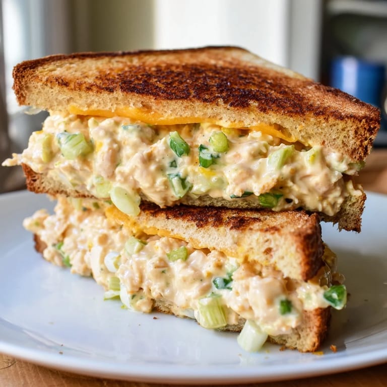 A close-up of a perfectly grilled Classic Tuna Melt Sandwich with golden bread and melted cheese.