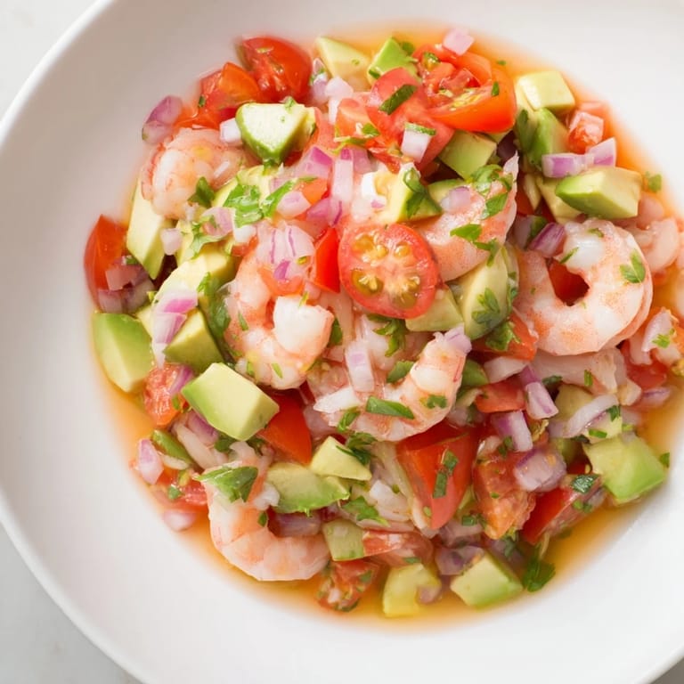 Imagine beautifully plated Light & Fresh Shrimp Ceviche: juicy shrimp, citrus marinade, and fresh cilantro garnish.