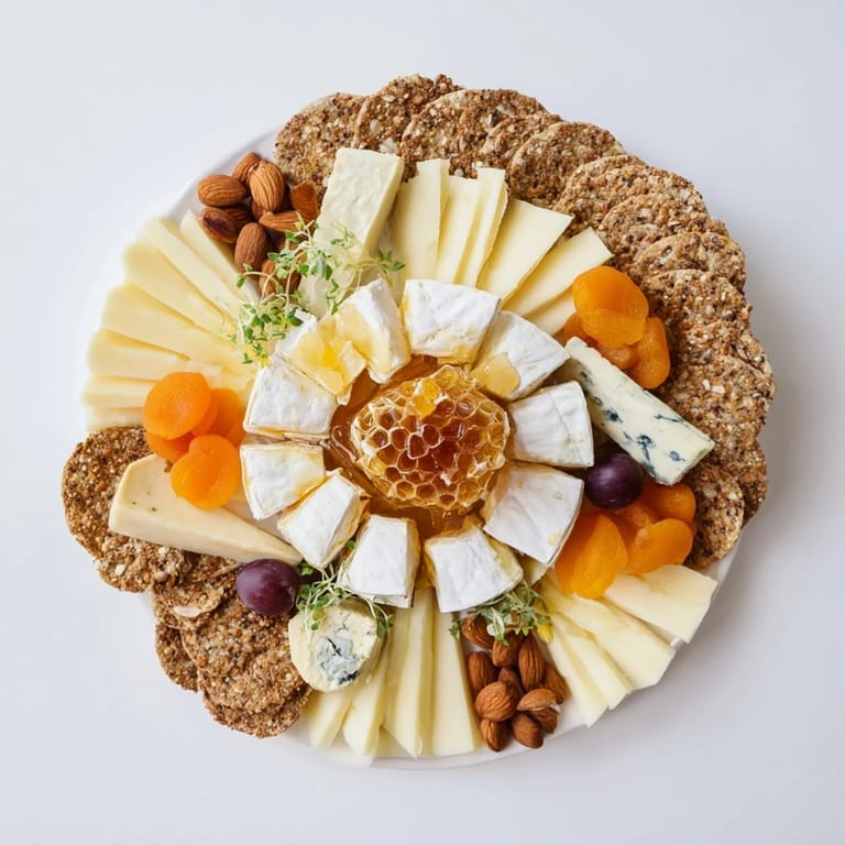 Golden honey drizzled across the Gilded Hive, an elegant cheese and cracker appetizer for guests.