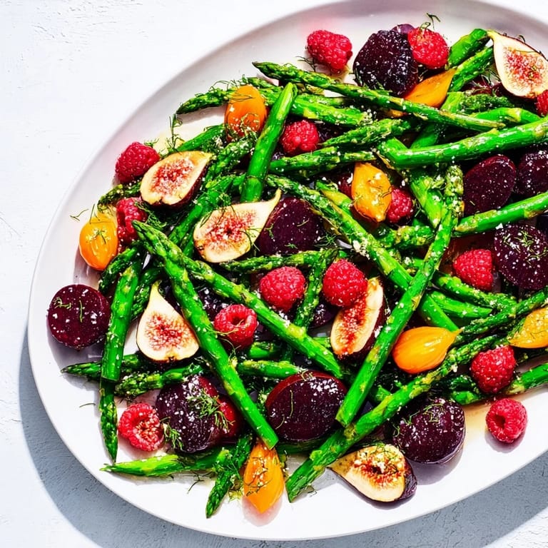 The plated Botanical Lattice shines, showcasing asparagus woven with chives and punctuated by sweet berries.