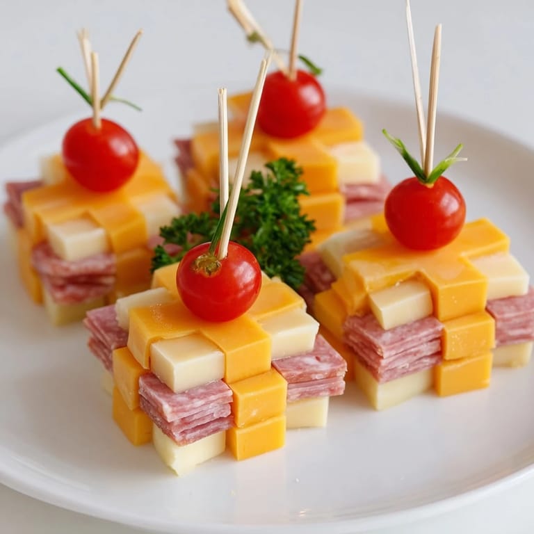 The flavorful Checkerboard Chalet recipe shows a whimsical cheese and meat appetizer, perfect for a party.
