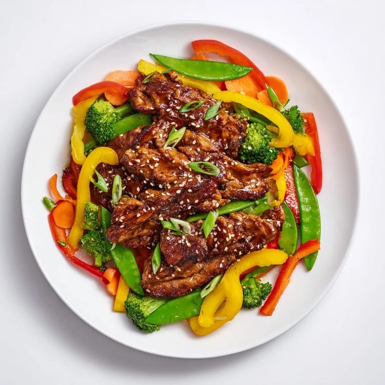 A close-up shot of Sheet Pan Chicken Stir-Fry, showcasing colorful bell peppers and tender chicken.