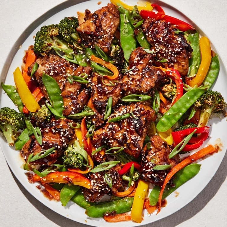 Enjoy a delicious and easy Sheet Pan Chicken Stir-Fry, ready-to-eat with sesame seeds and green onions.