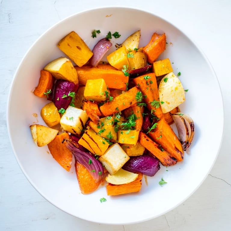 Delicious, oven-roasted root vegetable medley, vibrant colors and aromas, drizzled with sweet balsamic finish.