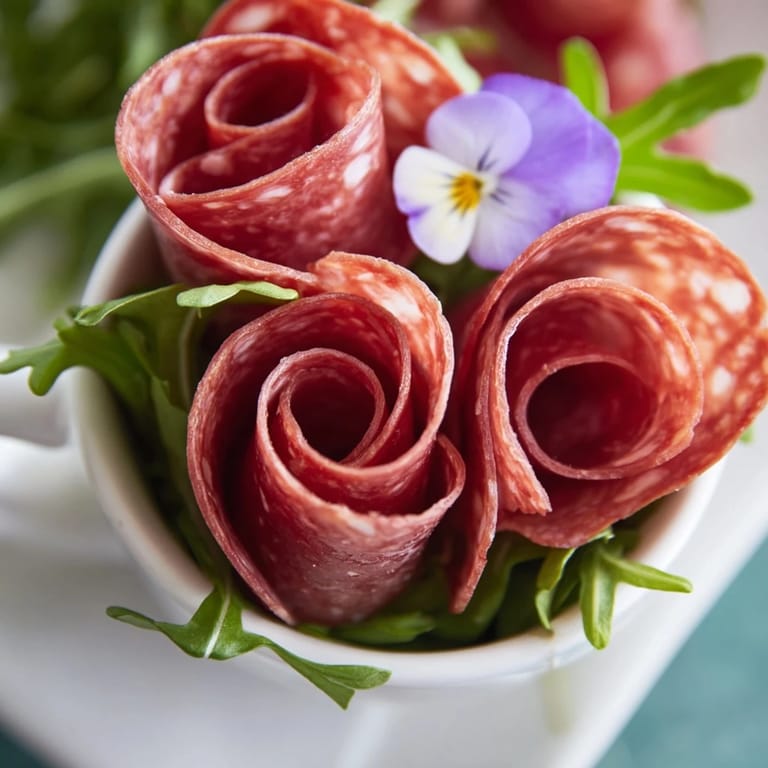 Elegant Victorian Tea Rose: savory salami and pepperoni roses elegantly arranged, perfect for a delightful appetizer board.