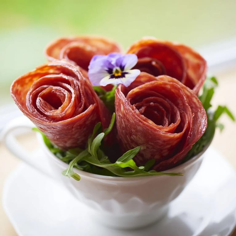 Appetizing close-up: delicate salami and pepperoni combine to form the exquisite Victorian Tea Rose, ready to serve.