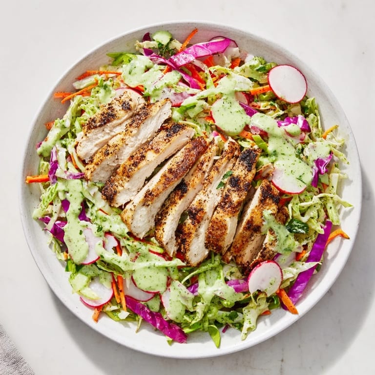 Creamy Green Goddess Cabbage Slaw with grilled chicken, with visible grilled chicken slices and fresh herbs.